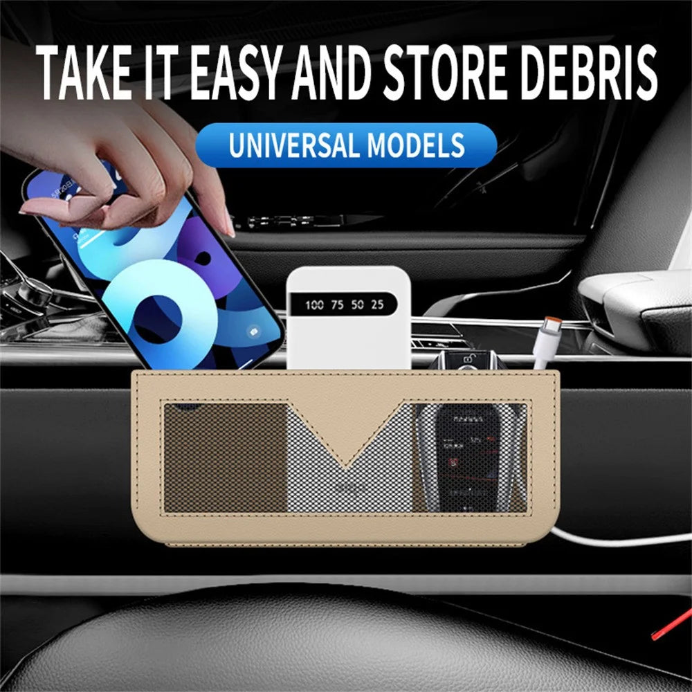 PU Leather Car Storage Bag Multi-Functional Mesh Pouch Adhesive Phone Holder for Vehicle Interior Organization - Orange - 7