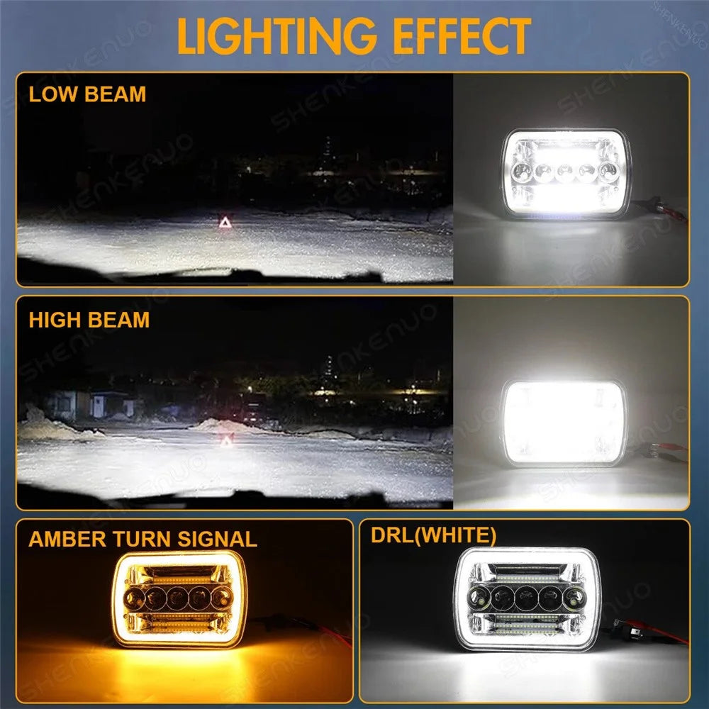 7 Inch 5-LED Square Headlight Dual Color High Low Beam Car DRL Turn Signal Daytime Running Lamp - 3