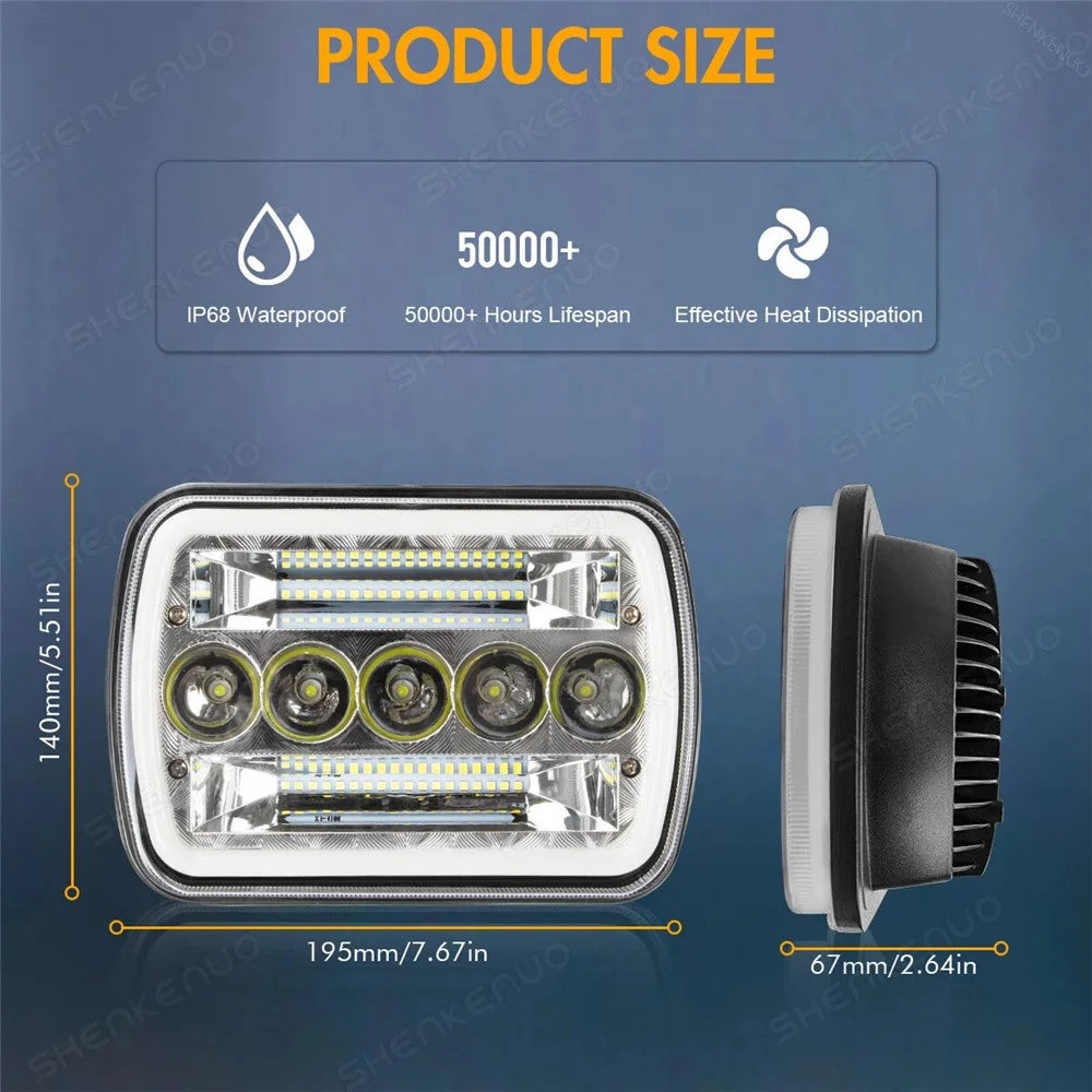 7 Inch 5-LED Square Headlight Dual Color High Low Beam Car DRL Turn Signal Daytime Running Lamp - 7