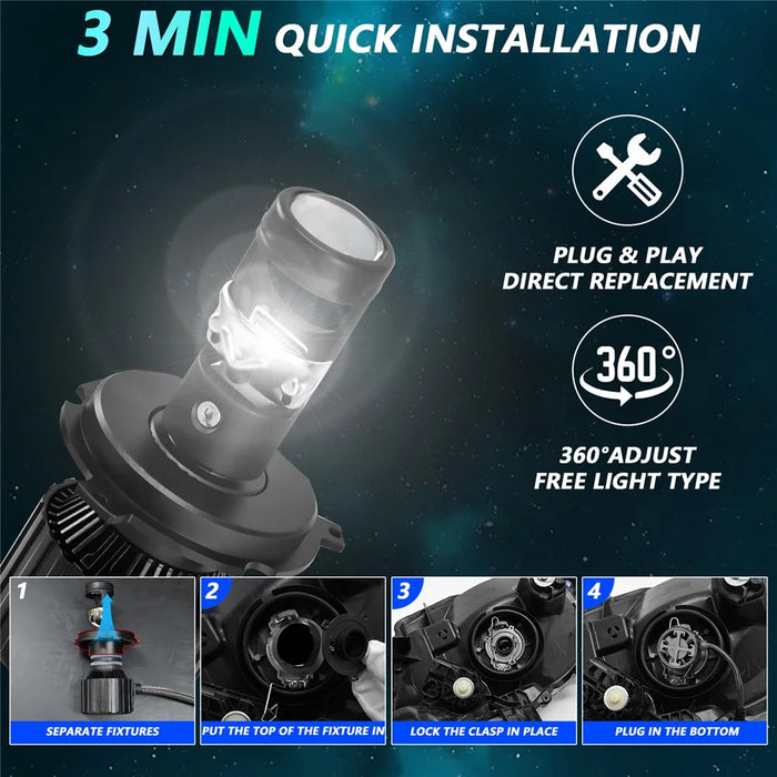 N1 For H4 High Power LED Headlight Bulb Dual Copper Tube Mini Lens 65W 6500LM 6000K CSP Chip - 7