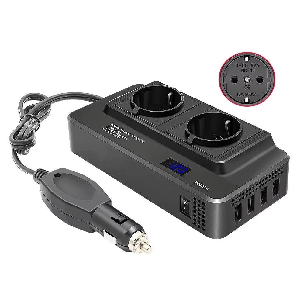 12V to 220V Converter Digital Display 200W Car Power Inverter with Dual EU Sockets and 4 USB Ports - 1