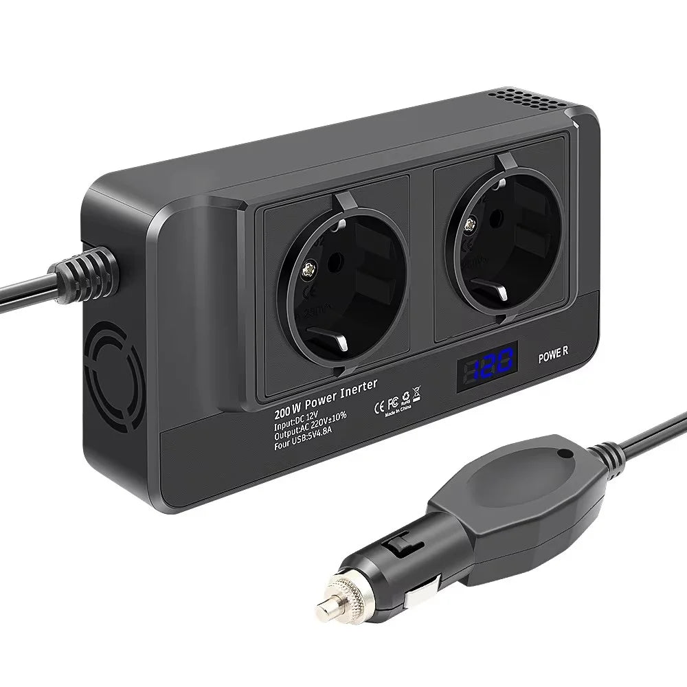 12V to 220V Converter Digital Display 200W Car Power Inverter with Dual EU Sockets and 4 USB Ports - 2