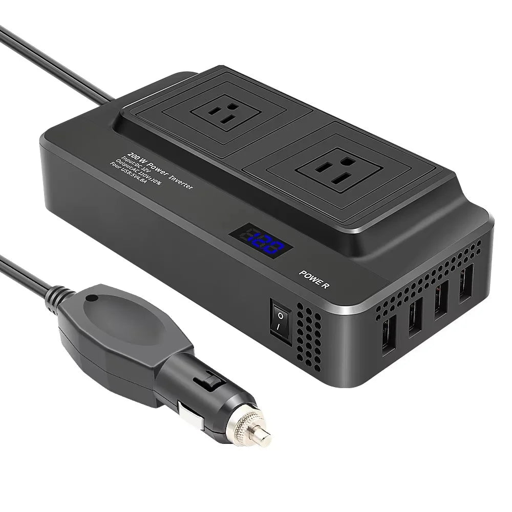 12V to 220V Converter Digital Display 200W Car Power Inverter with Dual EU Sockets and 4 USB Ports - 3