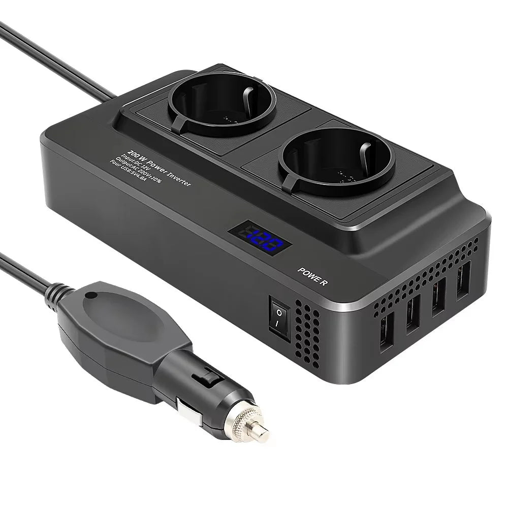 12V to 220V Converter Digital Display 200W Car Power Inverter with Dual EU Sockets and 4 USB Ports - 4