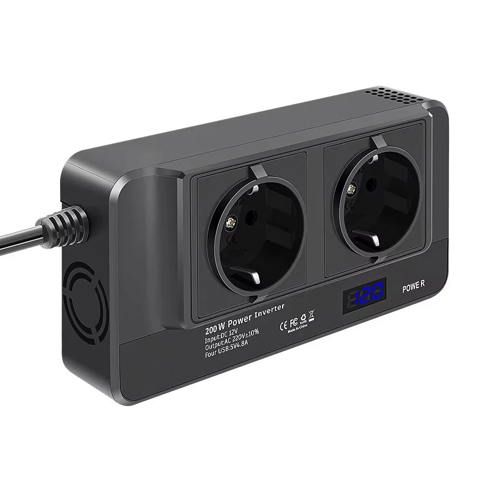 12V to 220V Converter Digital Display 200W Car Power Inverter with Dual EU Sockets and 4 USB Ports - 5