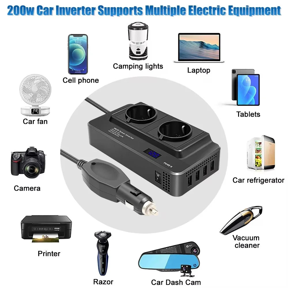 12V to 220V Converter Digital Display 200W Car Power Inverter with Dual EU Sockets and 4 USB Ports - 6