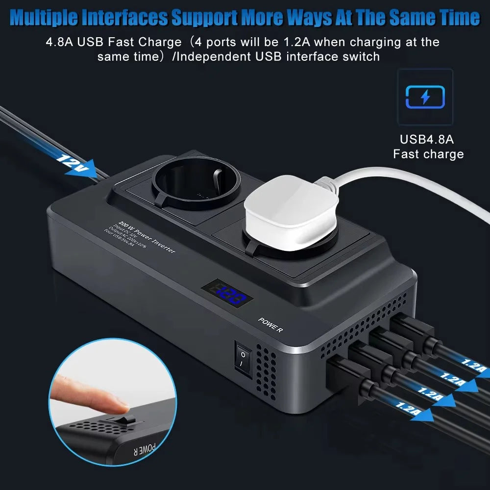 12V to 220V Converter Digital Display 200W Car Power Inverter with Dual EU Sockets and 4 USB Ports - 7