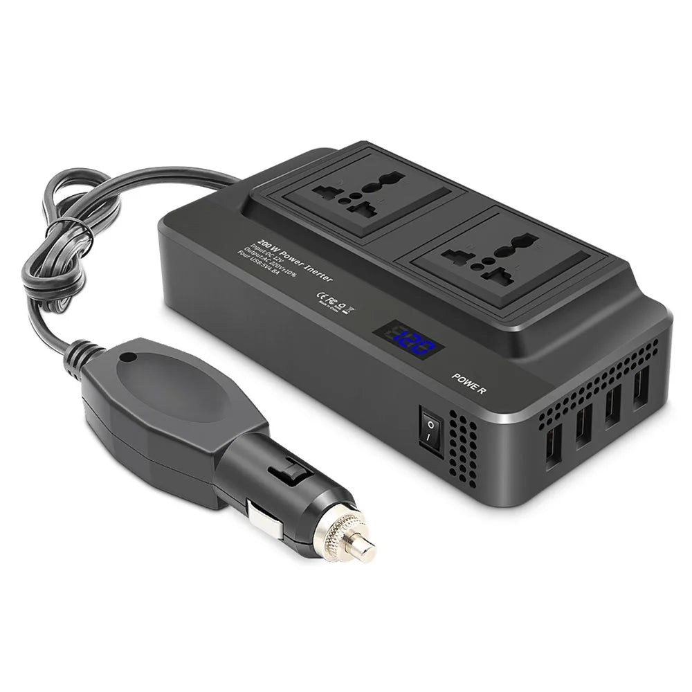 Digital Display Car Power Inverter 12V to 220V Converter Universal Socket Strip with 2 AC Outlets and 4 USB Ports - 1