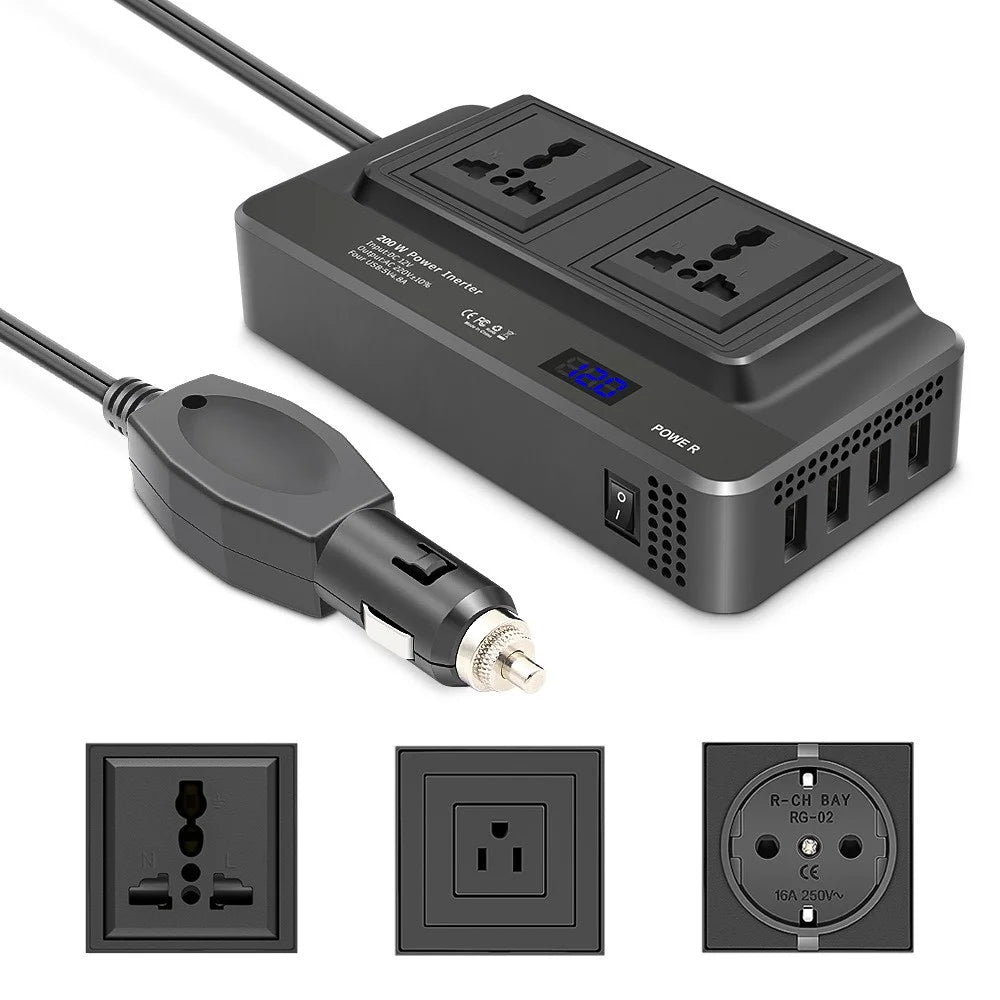 Digital Display Car Power Inverter 12V to 220V Converter Universal Socket Strip with 2 AC Outlets and 4 USB Ports - 2