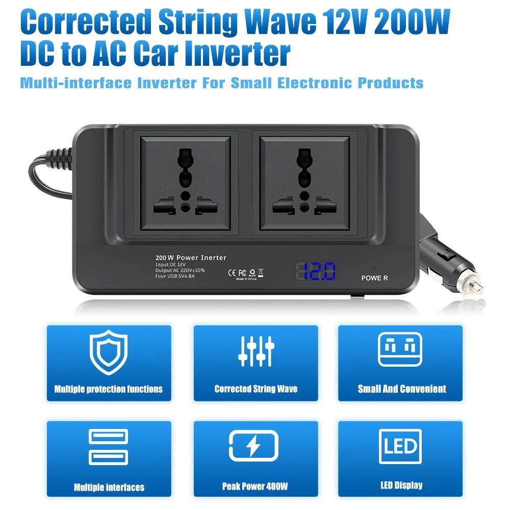 Digital Display Car Power Inverter 12V to 220V Converter Universal Socket Strip with 2 AC Outlets and 4 USB Ports - 3