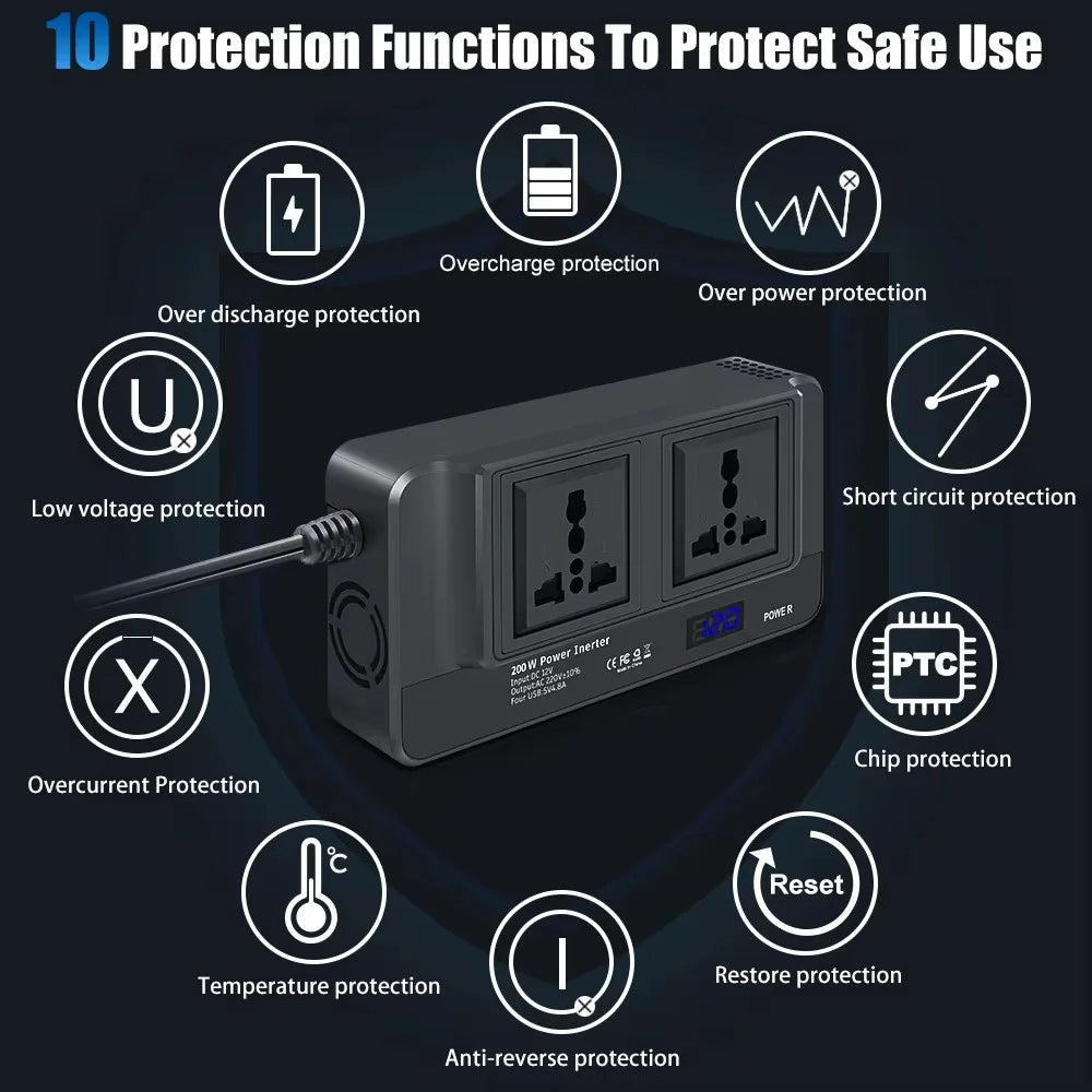 Digital Display Car Power Inverter 12V to 220V Converter Universal Socket Strip with 2 AC Outlets and 4 USB Ports - 4