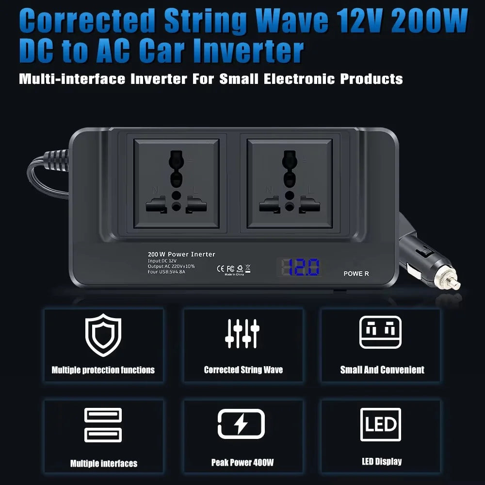 Digital Display Car Power Inverter 12V to 220V Converter Universal Socket Strip with 2 AC Outlets and 4 USB Ports - 5