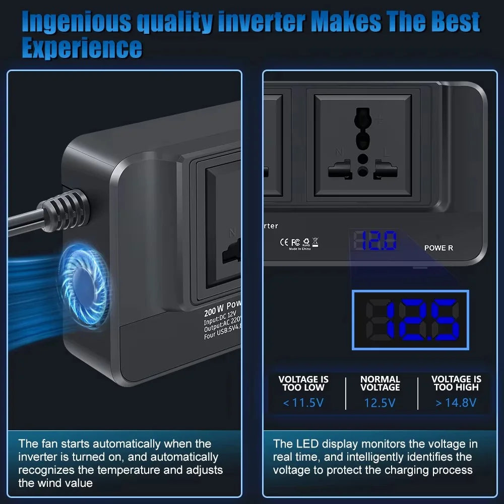 Digital Display Car Power Inverter 12V to 220V Converter Universal Socket Strip with 2 AC Outlets and 4 USB Ports - 6