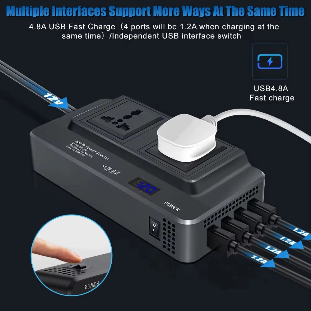 Digital Display Car Power Inverter 12V to 220V Converter Universal Socket Strip with 2 AC Outlets and 4 USB Ports - 7