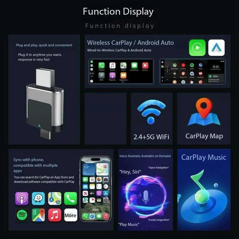 306AC 2 in 1 USB + Type-C Wireless CarPlay Android Auto Adapter for iPhone  /  Android Phones Wired to Wireless Dongle - 3