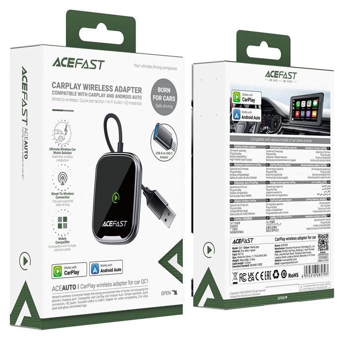 ACEFAST QC1 USB-A CarPlay Wireless Adapter for Apple CarPlay  /  Android Auto Wire to Wireless Converter - Metal Gray - 7