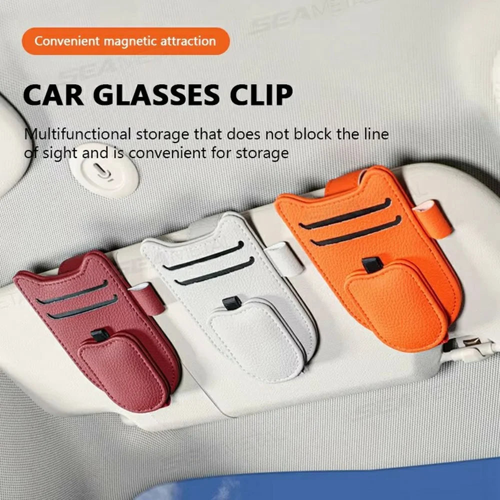 Multi-Functional Sunglasses Holder for Car Sun Visor Clip On PU Leather Card Organizer with Pen Loop - Orange - 2