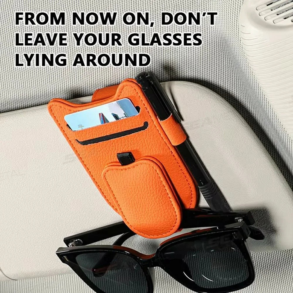 Multi-Functional Sunglasses Holder for Car Sun Visor Clip On PU Leather Card Organizer with Pen Loop - Orange - 4
