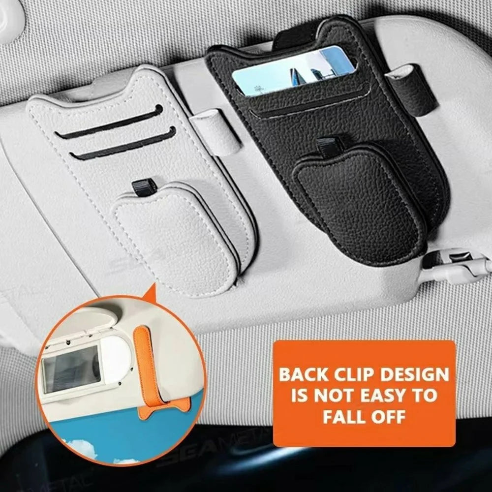 Multi-Functional Sunglasses Holder for Car Sun Visor Clip On PU Leather Card Organizer with Pen Loop - Orange - 5