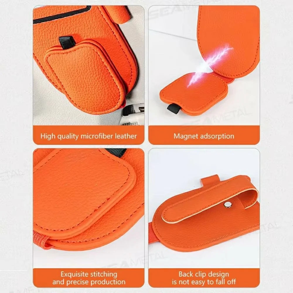 Multi-Functional Sunglasses Holder for Car Sun Visor Clip On PU Leather Card Organizer with Pen Loop - Orange - 6