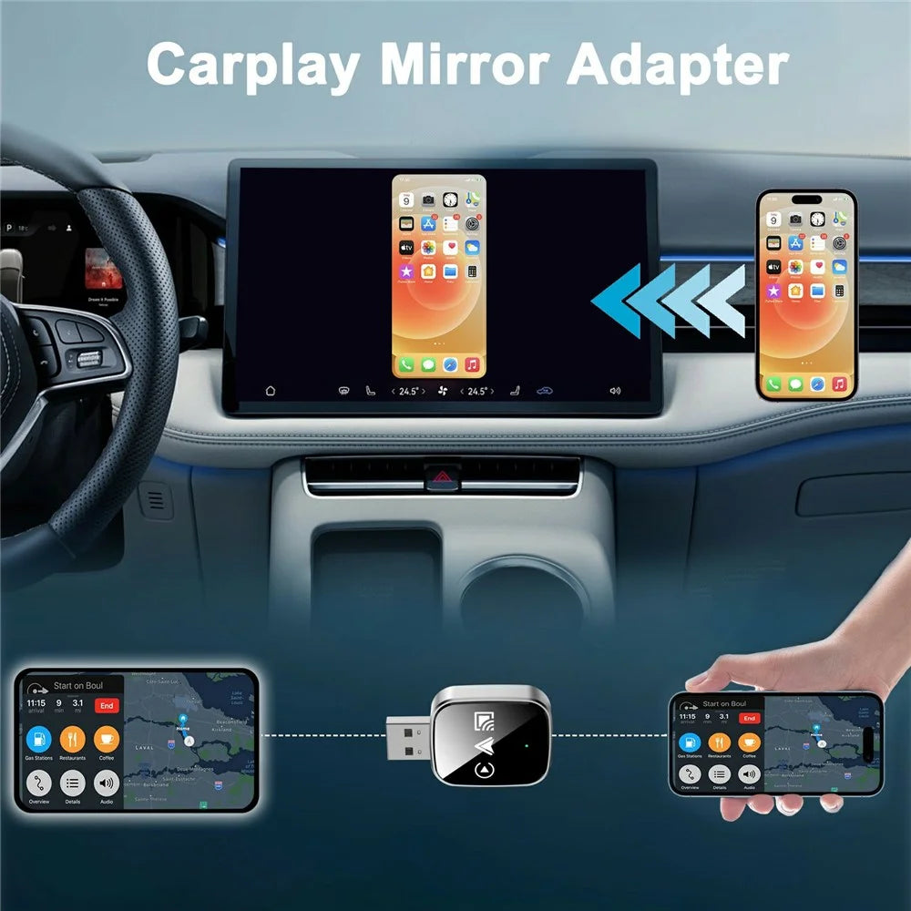 TYS-4222M 3 in 1 Mirror Wireless Car Play Adapter for Car Play / Android Auto Vehicles Wired to Wireless Converter Support Airplay - Black - 3