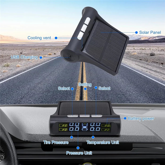 T26 Solar Powered TPMS Buzzer Alert Tire Pressure Monitoring System with 4 External Sensors, Basic Version - 4