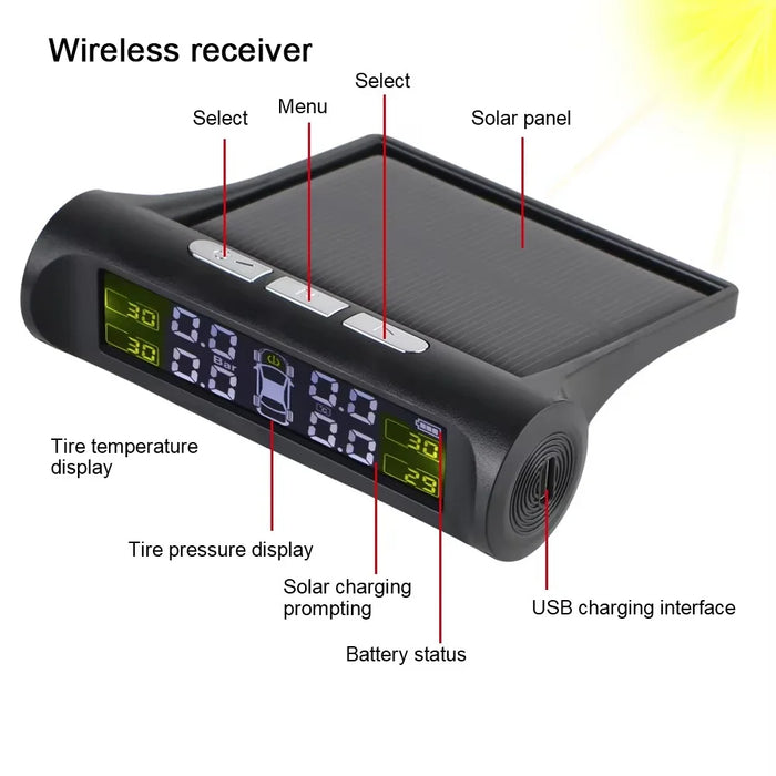 T26 Solar Powered TPMS Buzzer Alert Tire Pressure Monitoring System with 4 External Sensors, Basic Version - 7