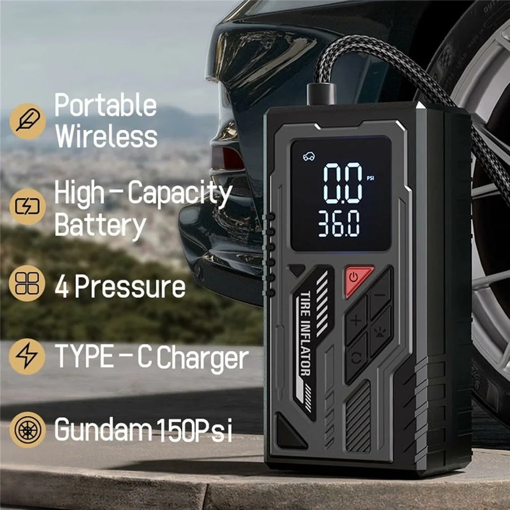 ATJ-026 150PSI Portable Wireless Tire Inflator Air Pump with LED Display / Fast Inflation / Auto Shut-Off for Car / Bike / Motorcycle - Black - 2