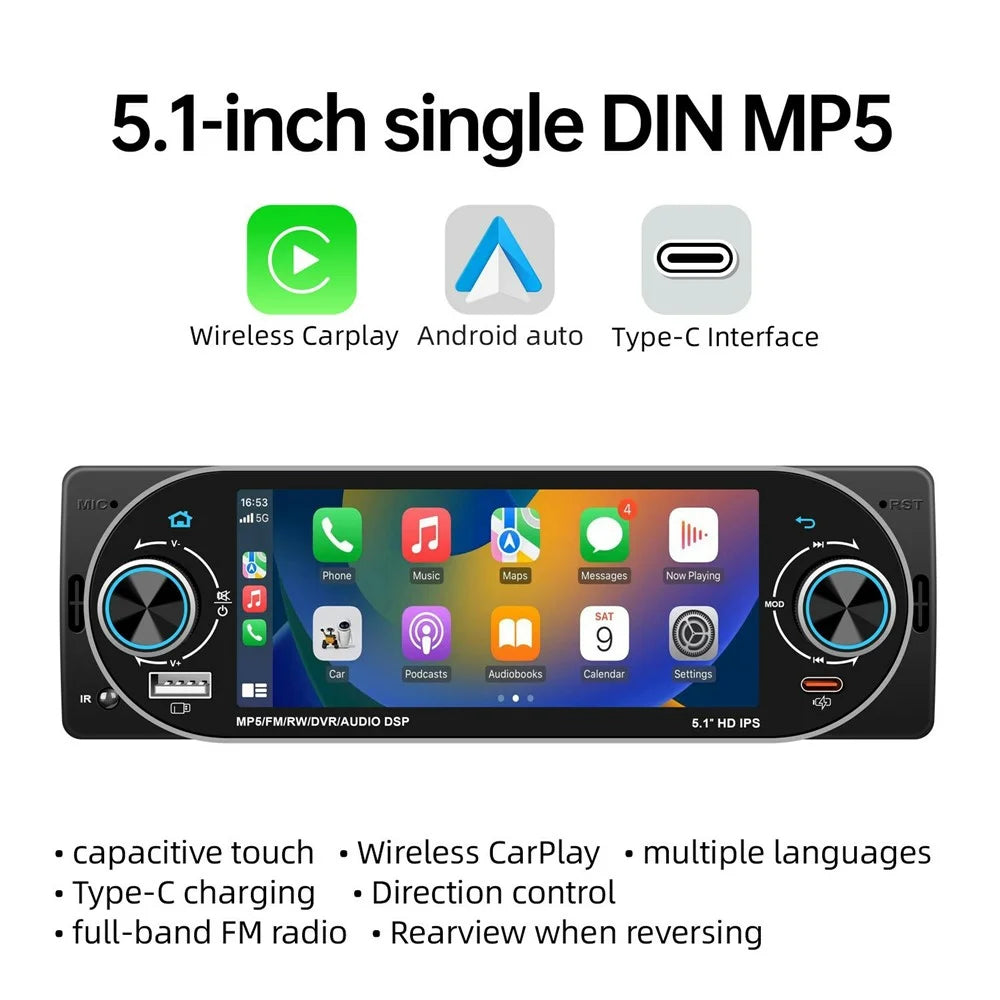 6181W 5.1 Inch HD Screen Single DIN Car Radio MP5 Player Wireless CarPlay Android Auto Bluetooth-compatible FM Radio - 2