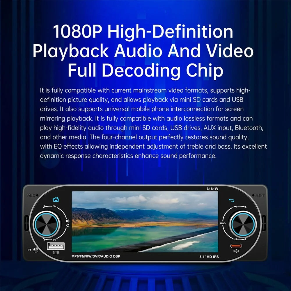 6181W 5.1 Inch HD Screen Single DIN Car Radio MP5 Player Wireless CarPlay Android Auto Bluetooth-compatible FM Radio - 4