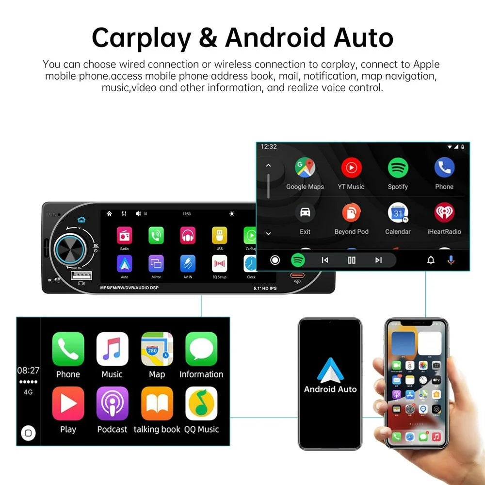 6181W 5.1 Inch HD Screen Single DIN Car Radio MP5 Player Wireless CarPlay Android Auto Bluetooth-compatible FM Radio - 6