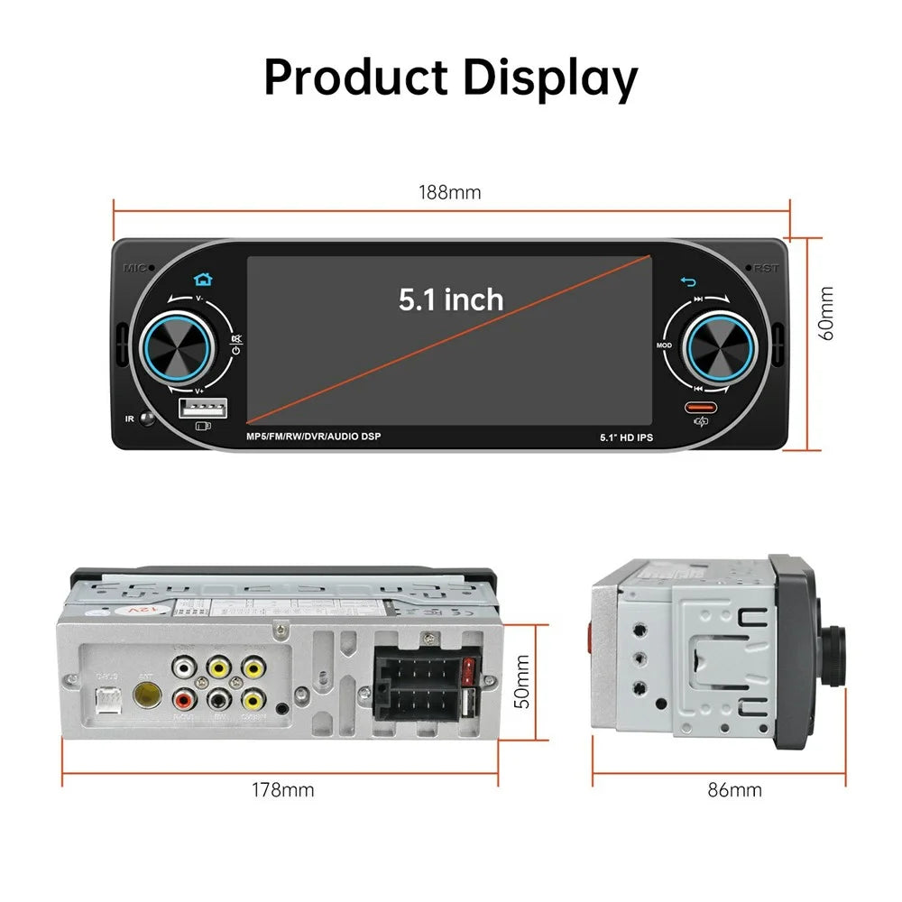 6181W 5.1 Inch HD Screen Single DIN Car Radio MP5 Player Wireless CarPlay Android Auto Bluetooth-compatible FM Radio - 7