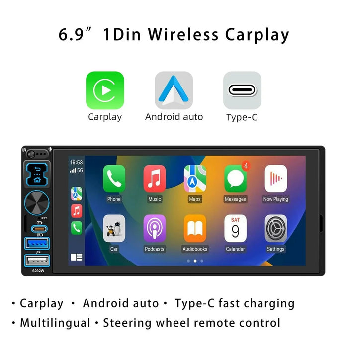 6292W 6.9 Inch Touchscreen Single DIN Car Stereo Radio Bluetooth-compatible Wireless CarPlay Android Auto FM Radio - 2