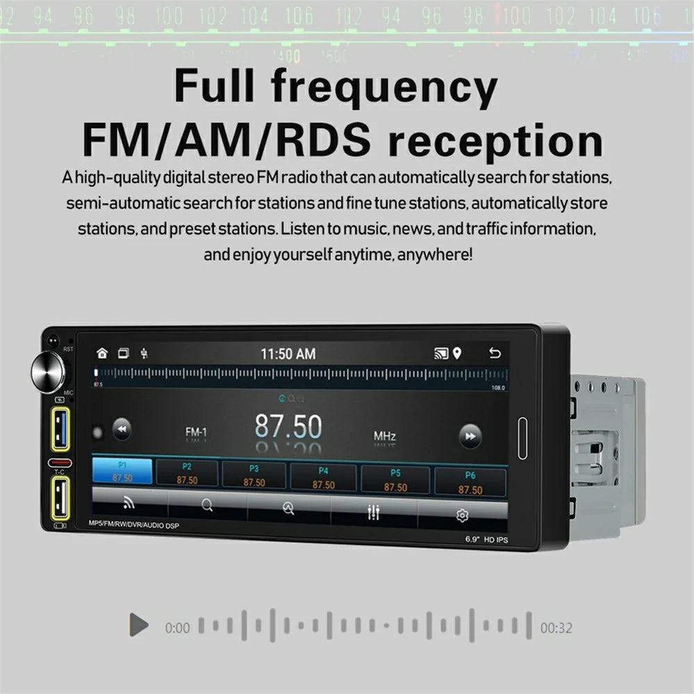 6290W 6.9 Inch Touch Screen Single Din Car Stereo Radio CarPlay Android Auto Bluetooth-compatible MP5 Player - 6
