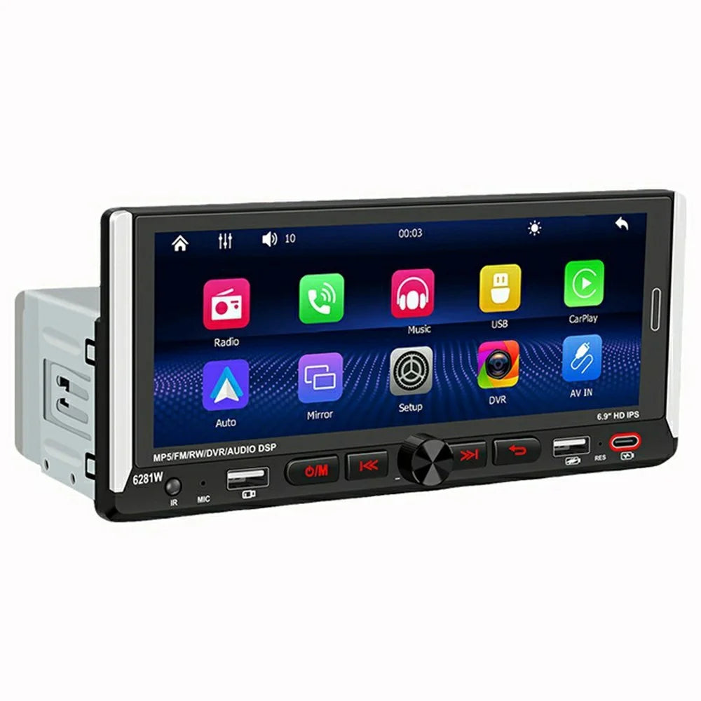 6281W Single DIN Car Stereo Radio 6.9 Inch Touch Screen GPS Navigation MirrorLink Android Auto Wireless CarPlay Player - 1