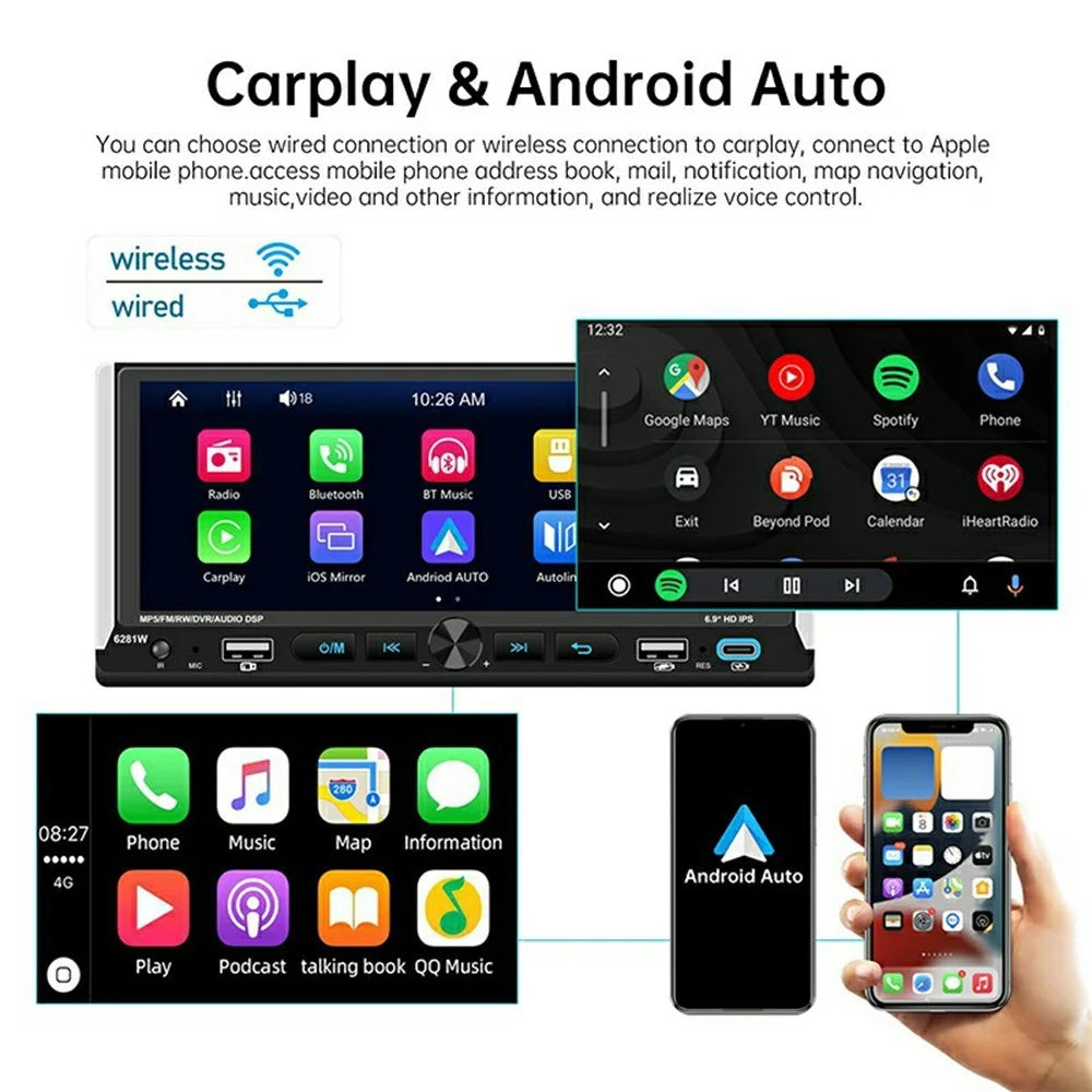 6281W Single DIN Car Stereo Radio 6.9 Inch Touch Screen GPS Navigation MirrorLink Android Auto Wireless CarPlay Player - 4
