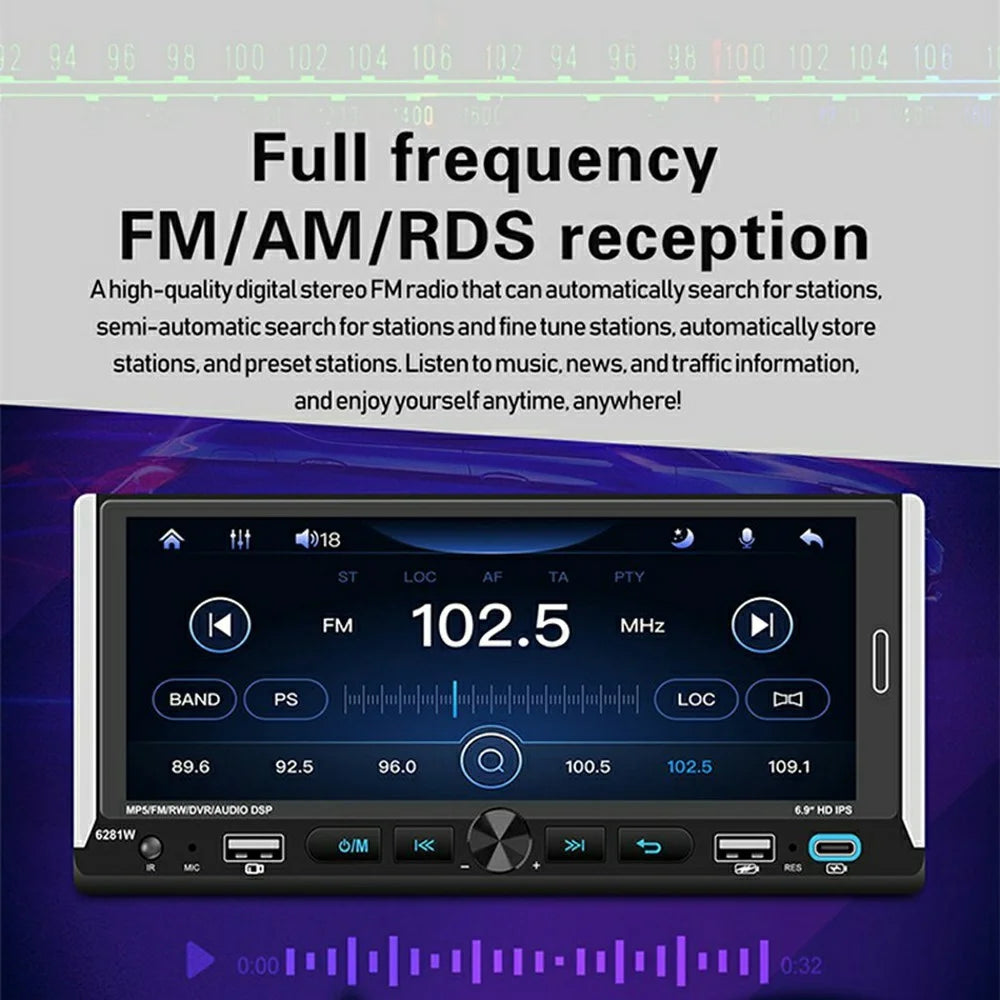 6281W Single DIN Car Stereo Radio 6.9 Inch Touch Screen GPS Navigation MirrorLink Android Auto Wireless CarPlay Player - 5
