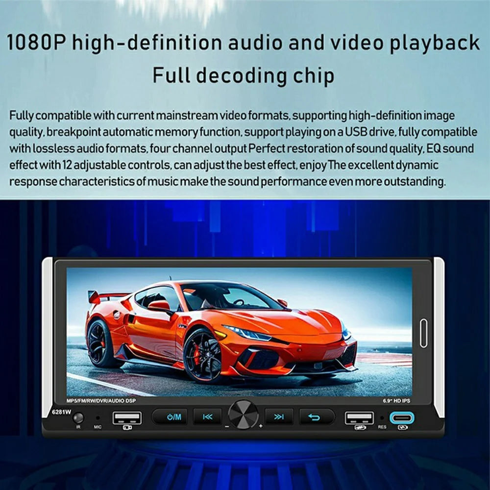 6281W Single DIN Car Stereo Radio 6.9 Inch Touch Screen GPS Navigation MirrorLink Android Auto Wireless CarPlay Player - 6