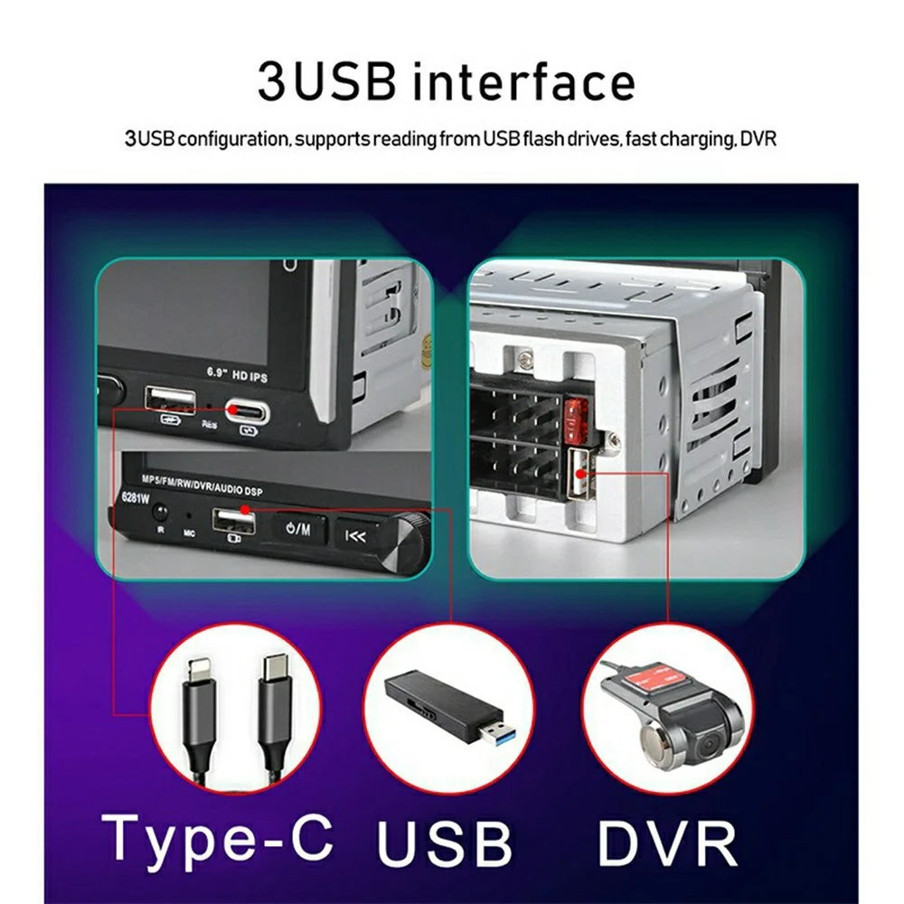 6281W Single DIN Car Stereo Radio 6.9 Inch Touch Screen GPS Navigation MirrorLink Android Auto Wireless CarPlay Player - 7