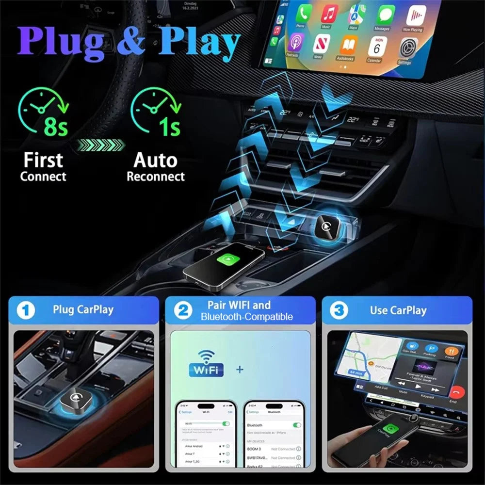 Q1A Wired to Wireless Carplay  /  Android Auto 2 in 1 Dongle Auto Connect Mini Adapter - Black+Colorful Symbol - 5