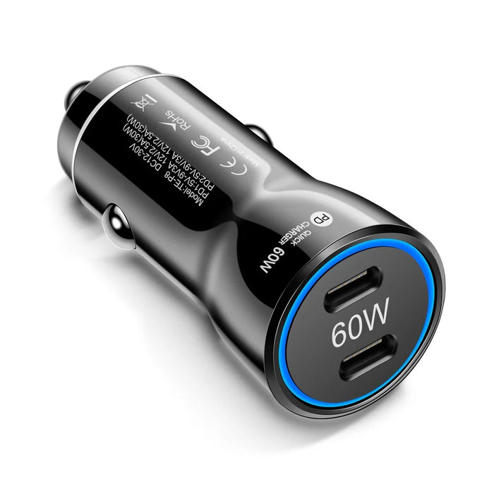PD 30W Fast Charging Adapter Portable Dual Type-C Car Charger with LED Light Ring - Black - 1