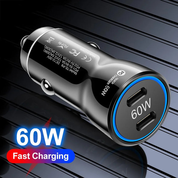 PD 30W Fast Charging Adapter Portable Dual Type-C Car Charger with LED Light Ring - Black - 2