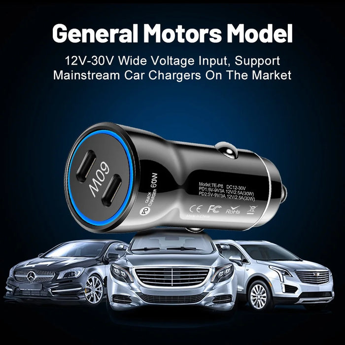 PD 30W Fast Charging Adapter Portable Dual Type-C Car Charger with LED Light Ring - Black - 5
