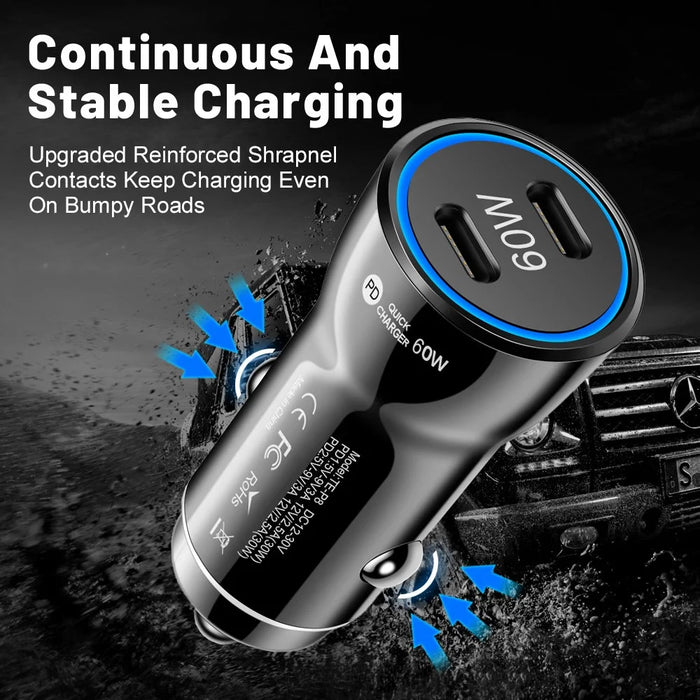 PD 30W Fast Charging Adapter Portable Dual Type-C Car Charger with LED Light Ring - Black - 6