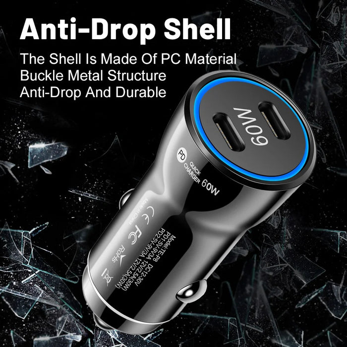 PD 30W Fast Charging Adapter Portable Dual Type-C Car Charger with LED Light Ring - Black - 7