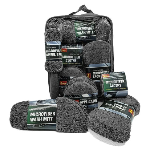 9Pcs Car Wash Kit Microfiber Towel Sponge Wax Applicator Wheel Brush Scratch Free Cleaning Set - Grey - 1