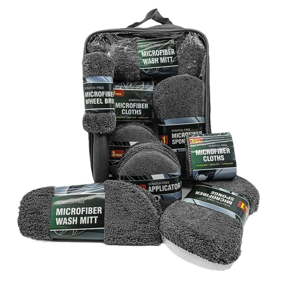 9Pcs Car Wash Kit Microfiber Towel Sponge Wax Applicator Wheel Brush Scratch Free Cleaning Set - Grey - 1