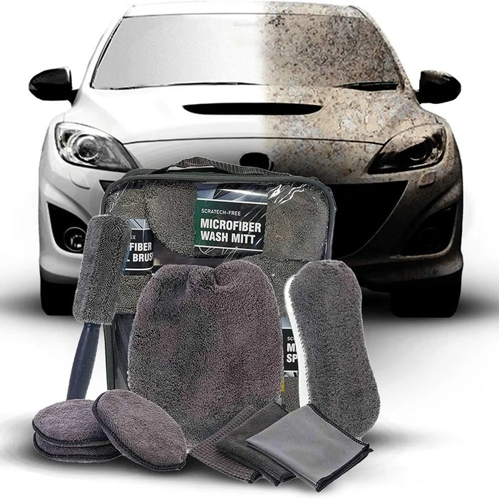 9Pcs Car Wash Kit Microfiber Towel Sponge Wax Applicator Wheel Brush Scratch Free Cleaning Set - Grey - 2