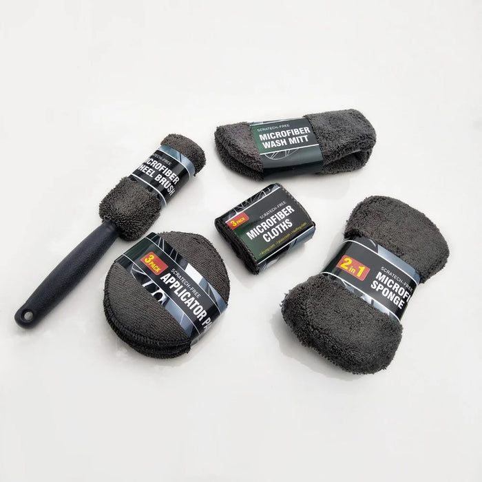9Pcs Car Wash Kit Microfiber Towel Sponge Wax Applicator Wheel Brush Scratch Free Cleaning Set - Grey - 6
