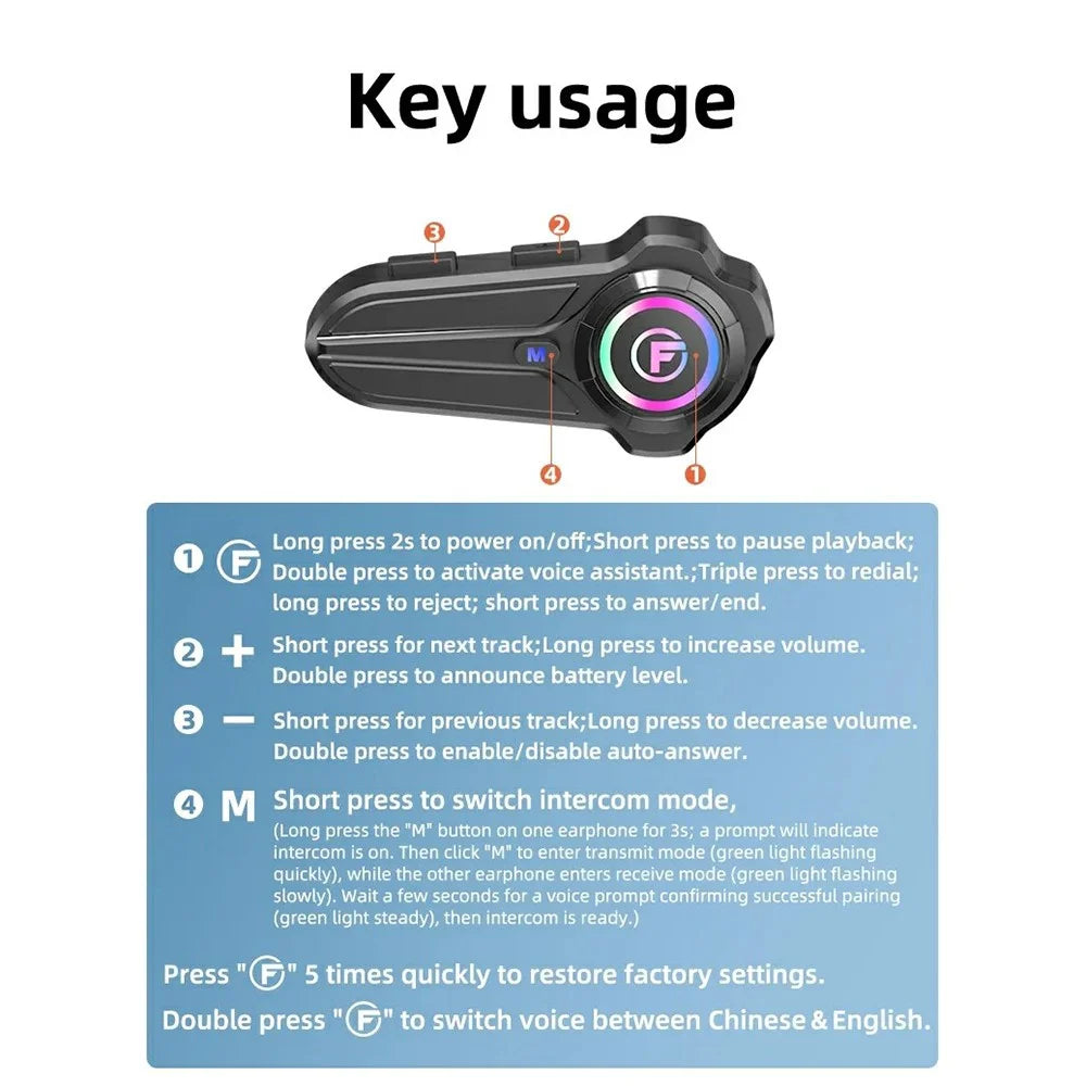 F10 PRO Motorcycle Helmet Bluetooth-compatible Intercom Headset with Hard Mic IP67 Waterproof 1000m Range Two-way Communication Interphone - 6
